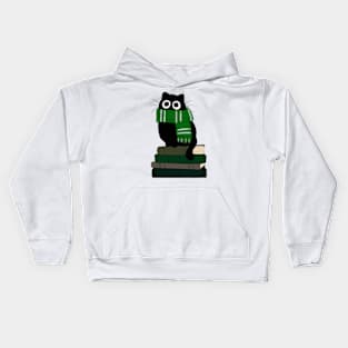 cat with green scarf on book stack Kids Hoodie